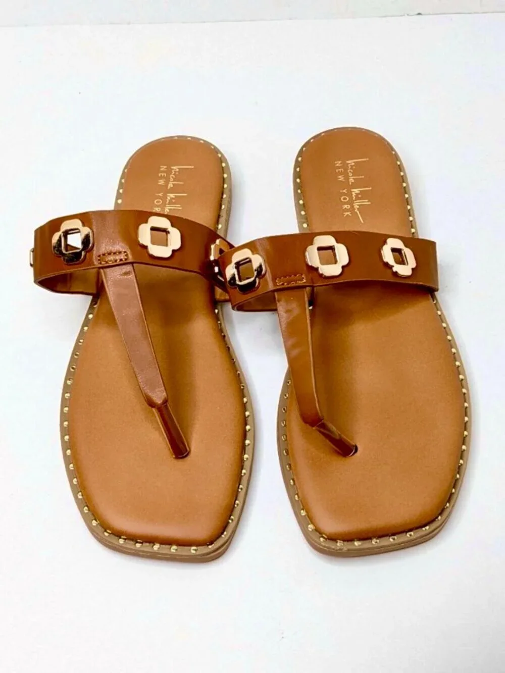 NEW 10 Nicole Miller New York Korey Cognac Studded Thong Sandals Gold Hardware